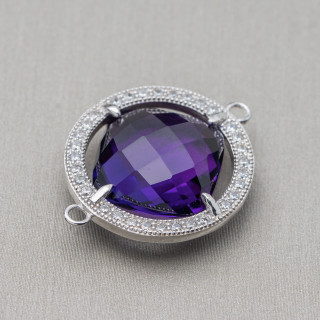 Componente Connettore Di Argento 925 Con Zirconi E Pietre Idrotermali Tondo 21mm Ametista Rodiato 1pz