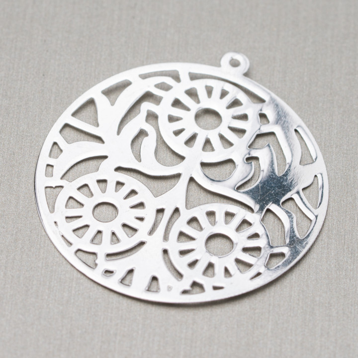 Componente Pendente Di Argento 925 Piastra Tonda Traforata 33mm 4pz