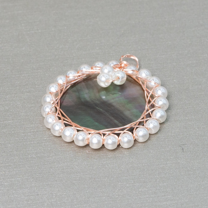 Composant Pendentif Laiton Avec Nacre Avec Perles Entrelacées 26mm 10pcs