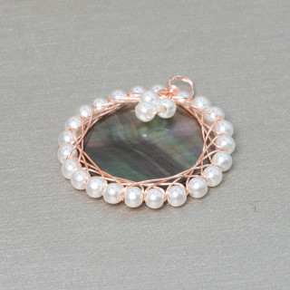 Composant Pendentif Laiton Avec Nacre Avec Perles Entrelacées 26mm 2pcs