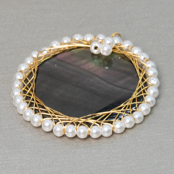 Componente Pendente Di Ottone Con Madreperla Con Perline Intrecciate 36mm 2pz Dorato