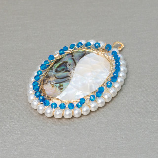 Brass Pendant Component With Mother of Pearl Mosaic With Beads And Zircons Oval 28x42mm Blue