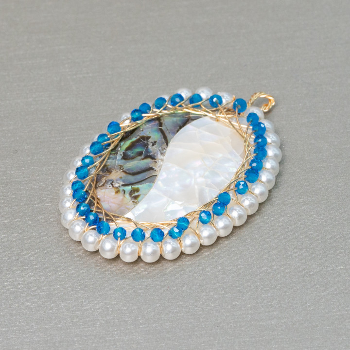 Brass Pendant Component With Mother of Pearl Mosaic With Beads And Zircons Oval 28x42mm Blue