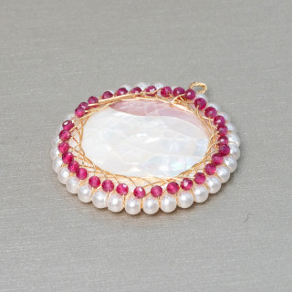 Composant Pendentif Laiton Avec Mosaïque De Nacre Avec Perles Et Zircons Ronds 32mm