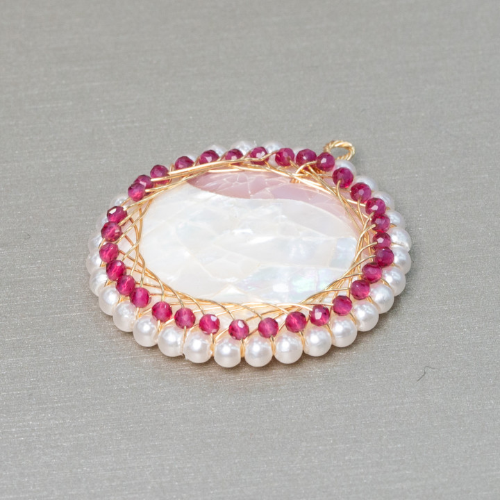 Composant Pendentif Laiton Avec Mosaïque De Nacre Avec Perles Et Zircons Ronds 32mm