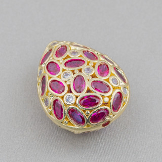 Spacer Bronze Component With Zircon Set Mosaic Drop 20x25mm 2pcs Golden Ruby