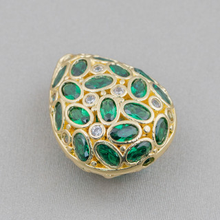 Spacer Bronze Component With Zircon Set Mosaic Drop 20x25mm 2pcs Golden Emerald