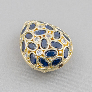 Spacer Bronze Component With Zircon Set Mosaic Drop 20x25mm 2τμχ Golden Dark Sapphire