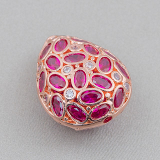 Spacer Bronze Component With Zircon Set Mosaic Drop 20x25mm 2pcs Rose Gold Ruby