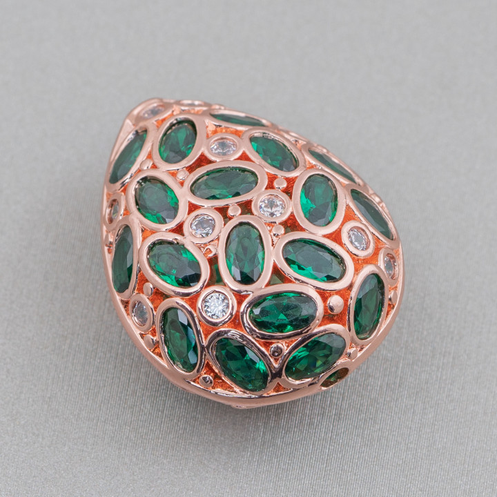 Spacer Bronze Component With Zircon Set Mosaic Drop 20x25mm 2pcs Rose Gold Emerald