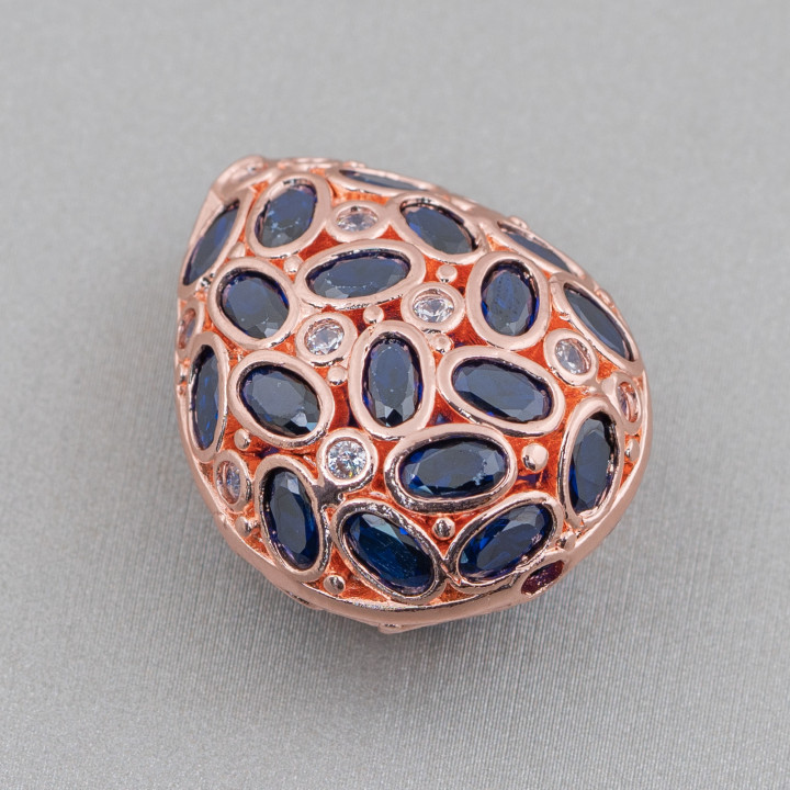 Distanziatore Componente Di Bronzo Con Zircone Incastonato Mosaic Goccia 20x25mm 2pz Oro Rosa Zaffiro Scuro