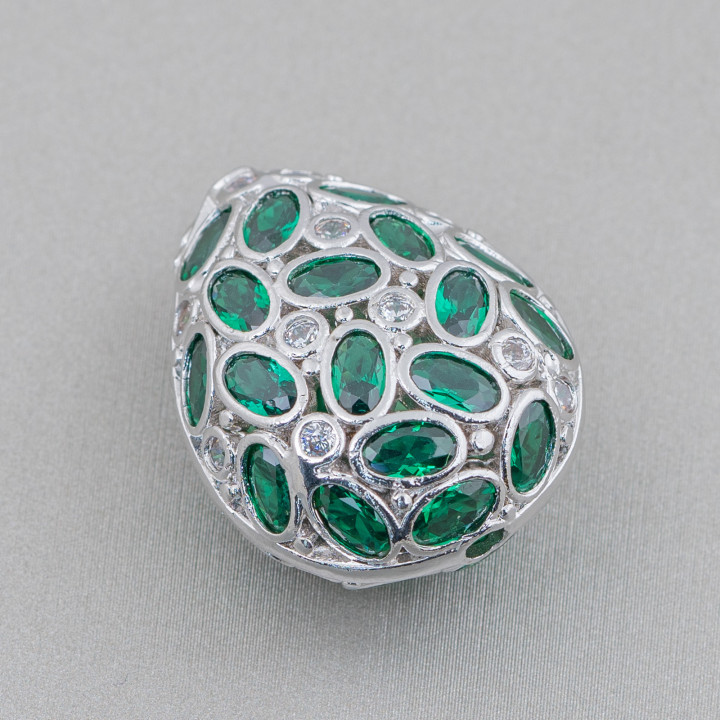 Spacer Bronze Component With Zircon Set Mosaic Drop 20x25mm 2pcs Rhodium Plated Emerald