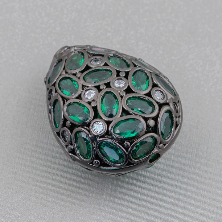 Bronze Component Spacer With Zircon Set Mosaic Drop 20x25mm 2pcs Ruthenium Emerald