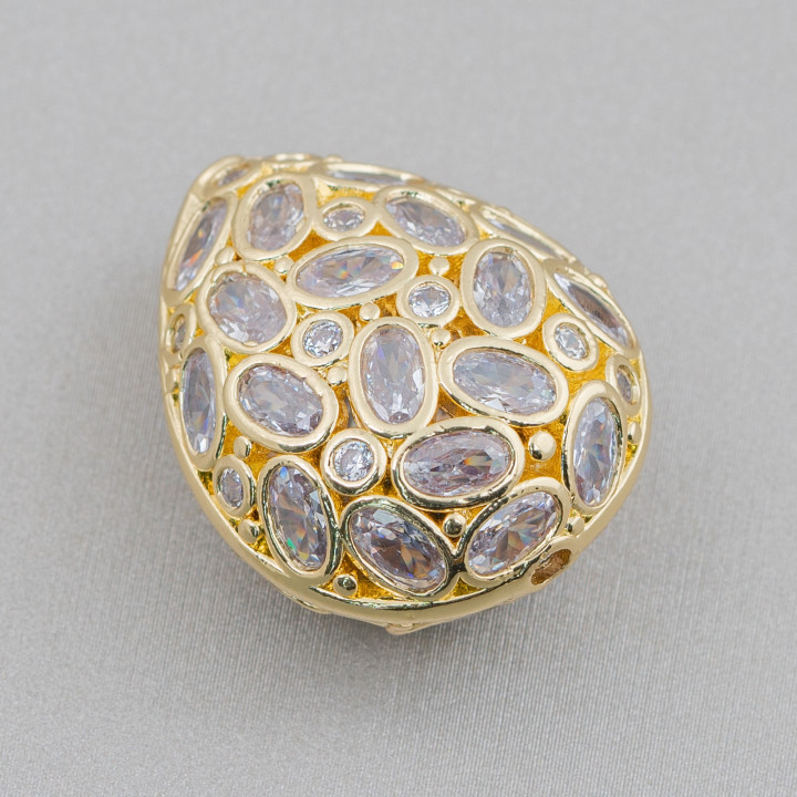 Distanziatore Componente Di Bronzo Con Zircone Incastonato Mosaic Goccia 20x25mm 4pz Dorato Bianco