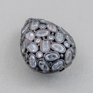 Entretoise Composant Bronze Avec Zircon Set Mosaïque Goutte 20x25mm 4pcs Blanc Ruthénium