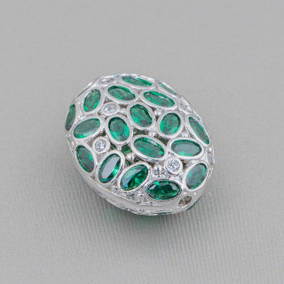 Espaciador De Componente De Bronce Con Conjunto De Zirconio Mosaico Ovalado 17x22mm 4 Piezas Rodio Esmeralda
