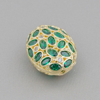 Bronze Component Spacer With Zircon Set Mosaic Oval 21x26mm 2τμχ Χρυσό Σμαράγδι